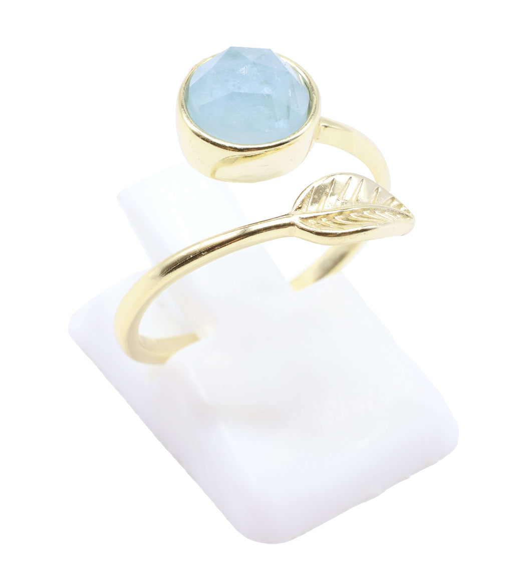 Bague Argent 925 'Feuille d'Or' - Aigue Marine - Plaquage Or - Taille Réglable