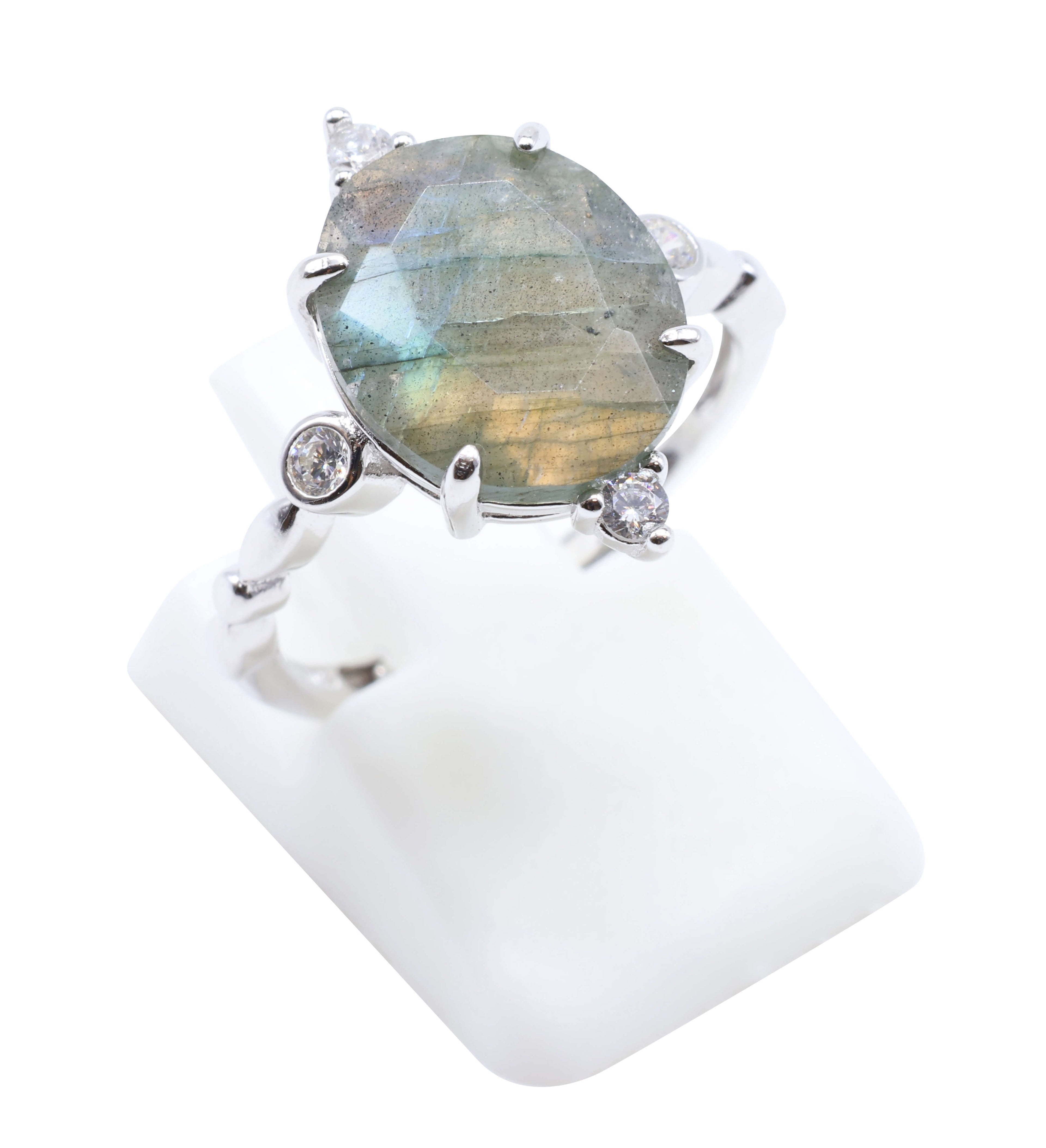 Bague Argent 925 Labradorite Ovale Impérial - Plaqué Platine - Taille Réglable