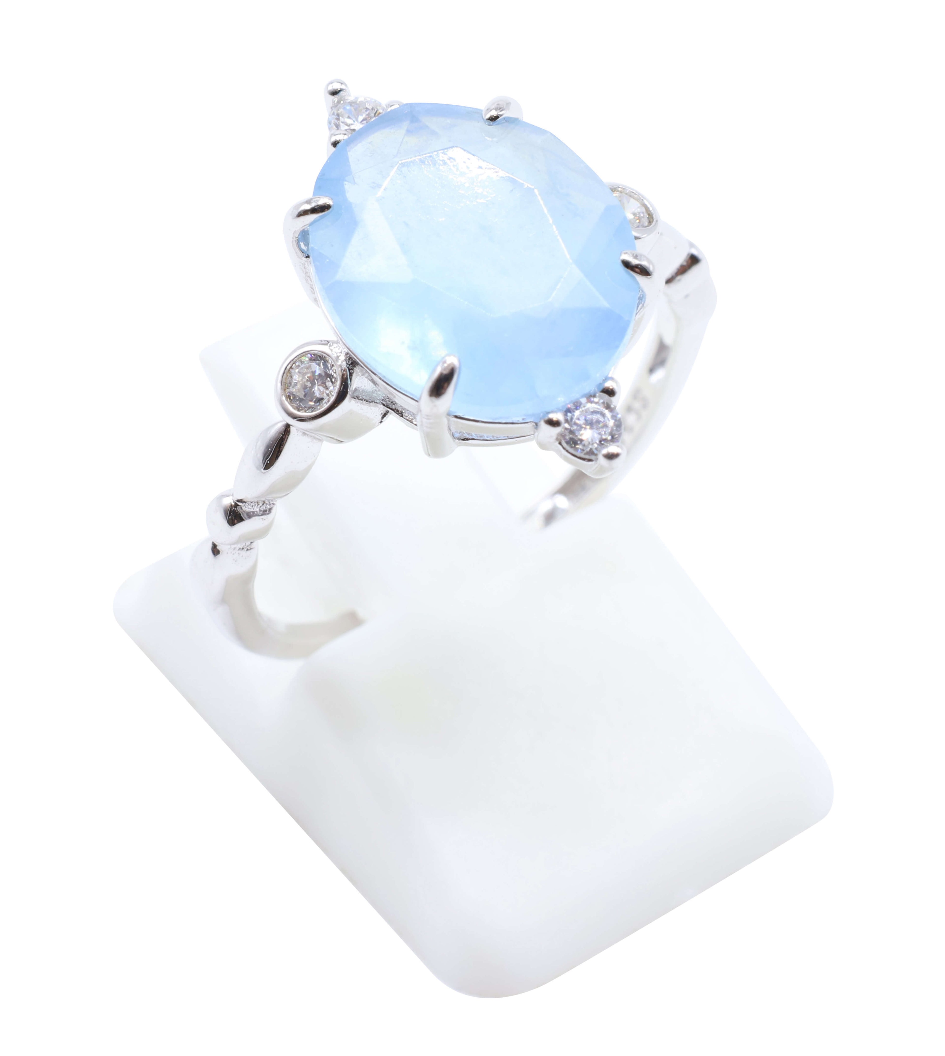 Bague Argent 925 Aigue Marine Ovale Impérial - Plaqué Platine - Taille Réglable