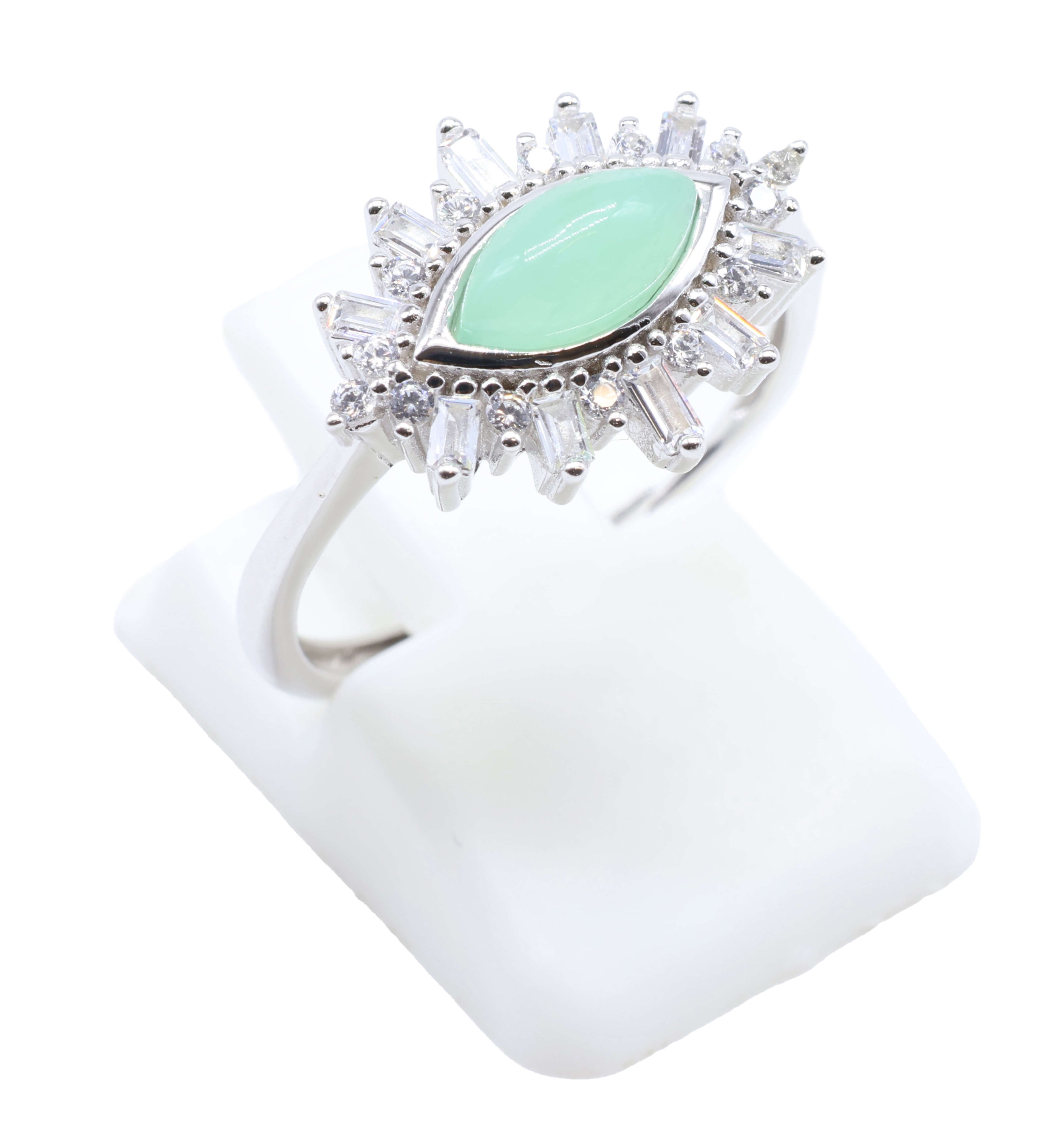Bague Argent 925 'Oeil Solaire' - Jade Vert - Plaqué Platine - Taille Réglable