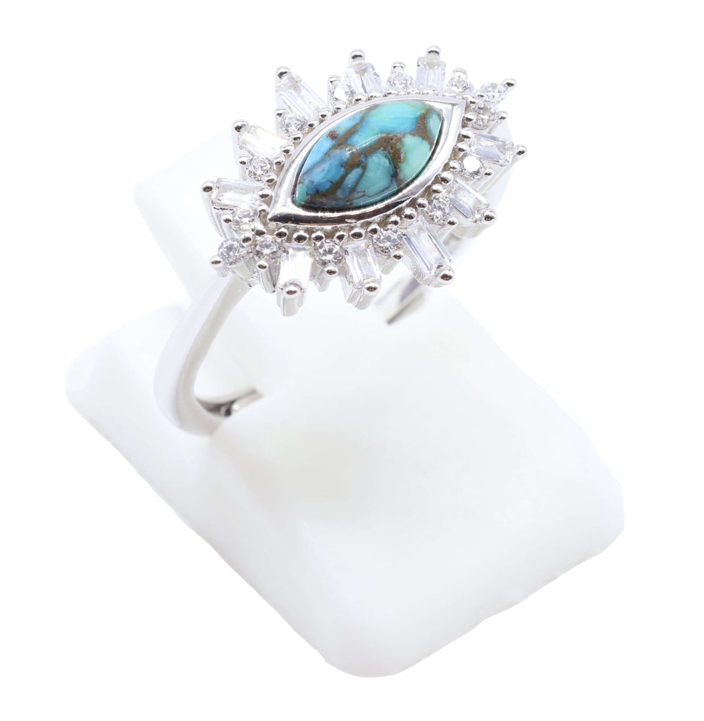Bague Argent 925 'Oeil Solaire' - Turquoise - Plaqué Platine - Taille Réglable