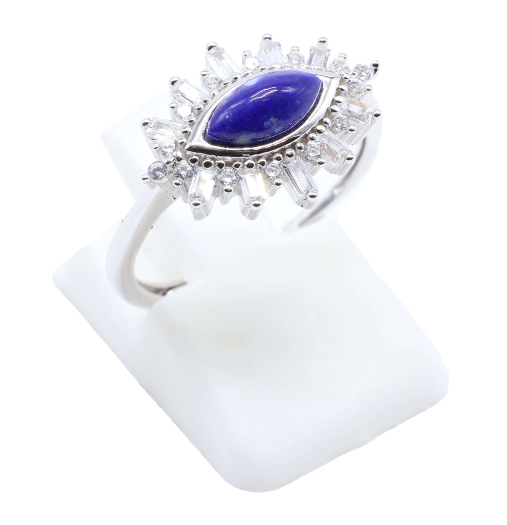 Bague Argent 925 'Oeil Solaire' - Lapis Lazuli - Plaqué Platine - Taille Réglable