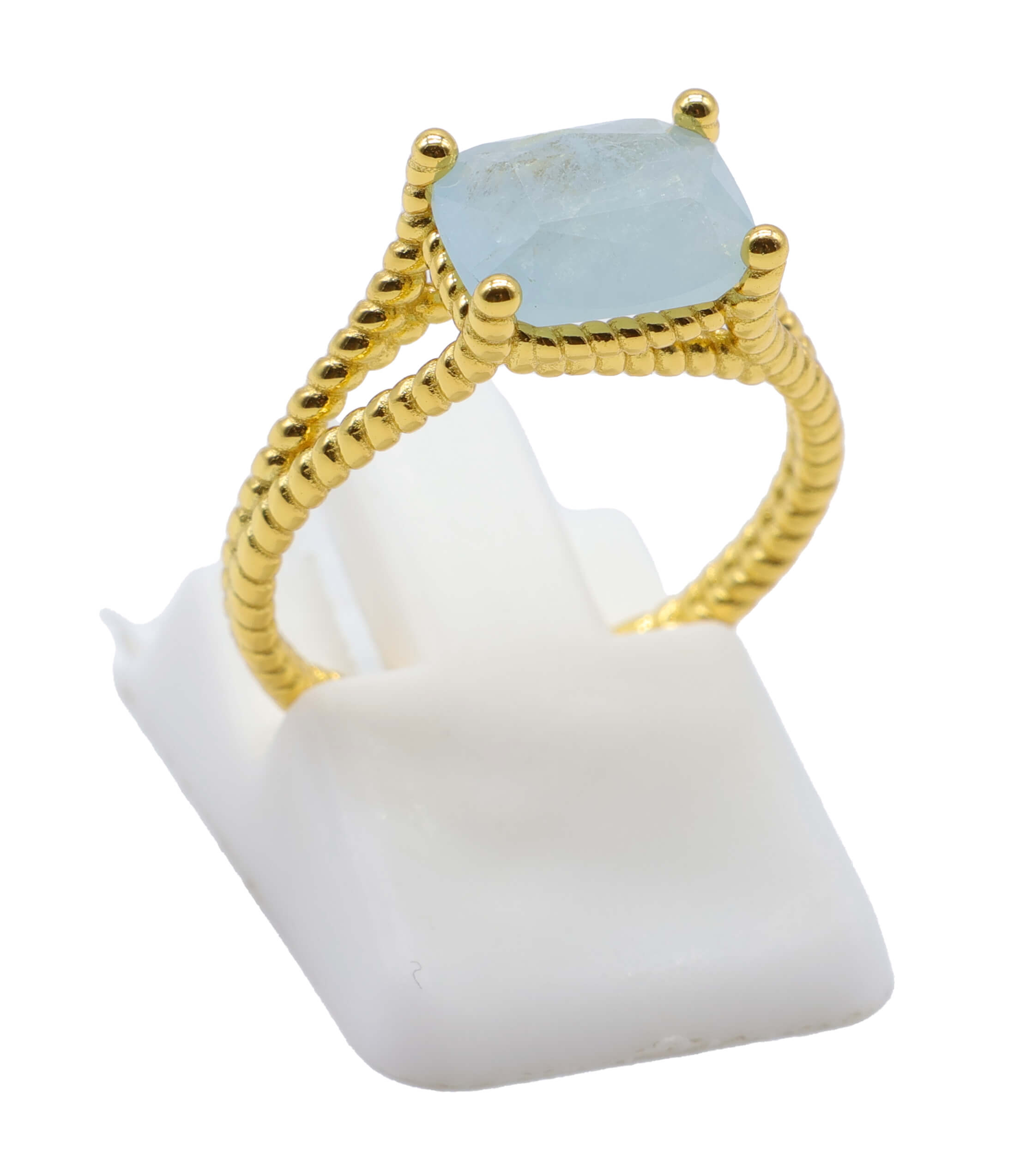 Bague Argent 925 Aigue Marine Rectangle - Plaquage Or - Taille Universelle