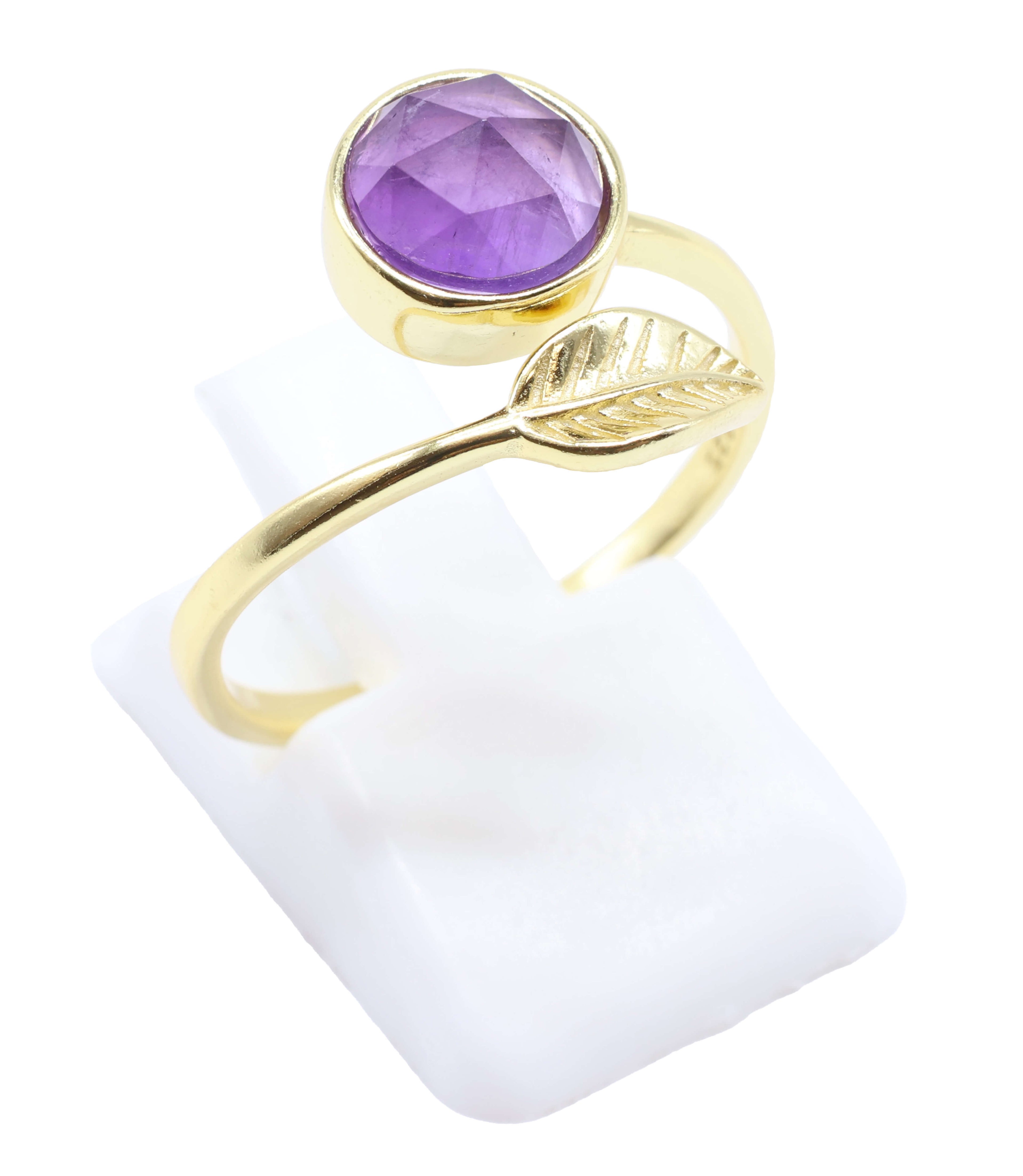 Bague Argent 925 'Feuille d'Or' - Améthyste - Plaquage Or - Taille Réglable