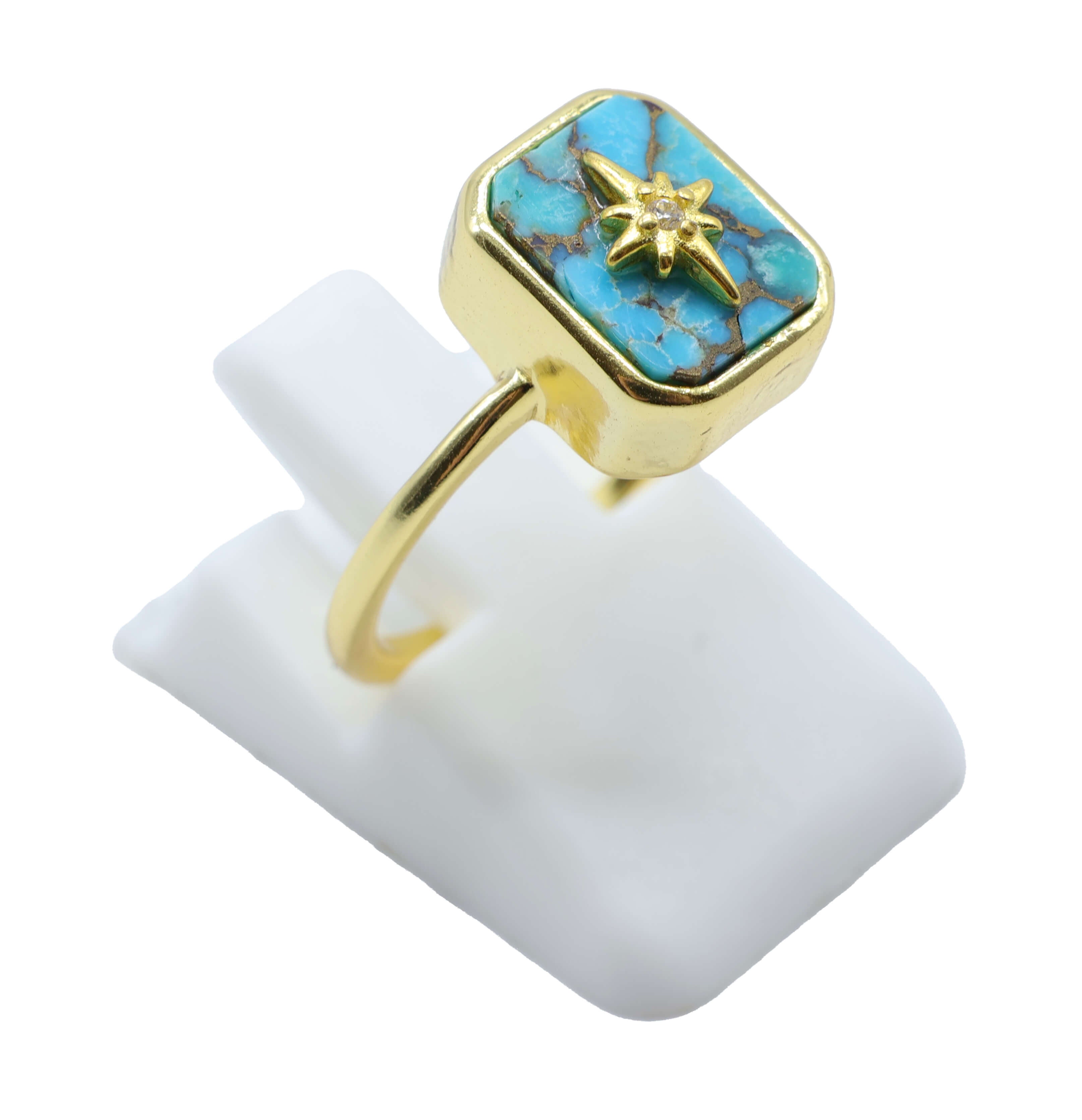 Bague Argent 925 Turquoise Rectangle + Charme - Plaquage Or - Taille Universelle