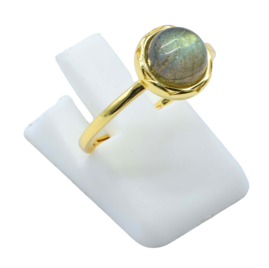 Bague Argent 925 Labradorite Ronde - Plaquage Or - Taille Universelle