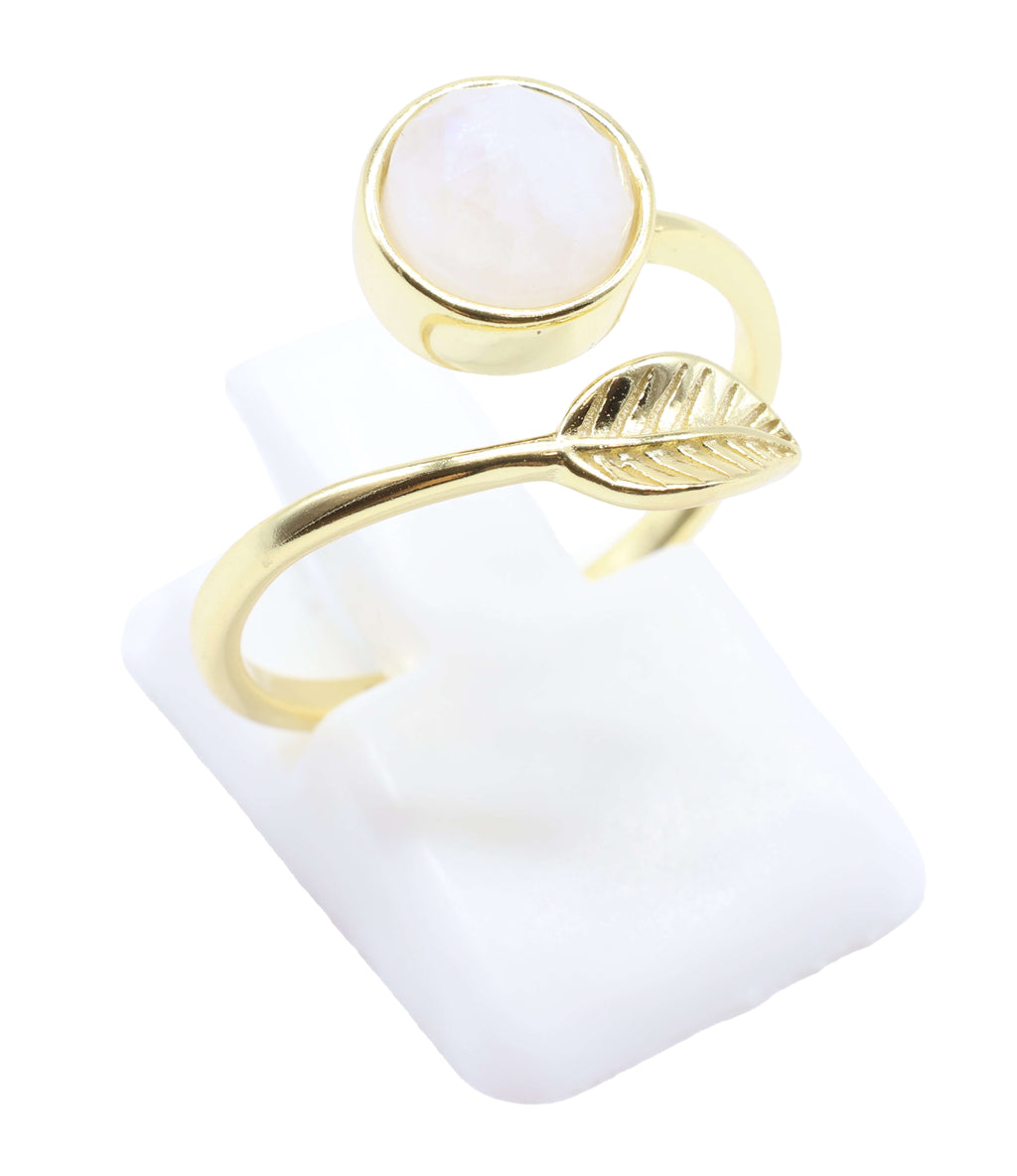 Bague Argent 925 'Feuille d'Or' - Pierre de Lune - Plaquage Or - Taille Réglable
