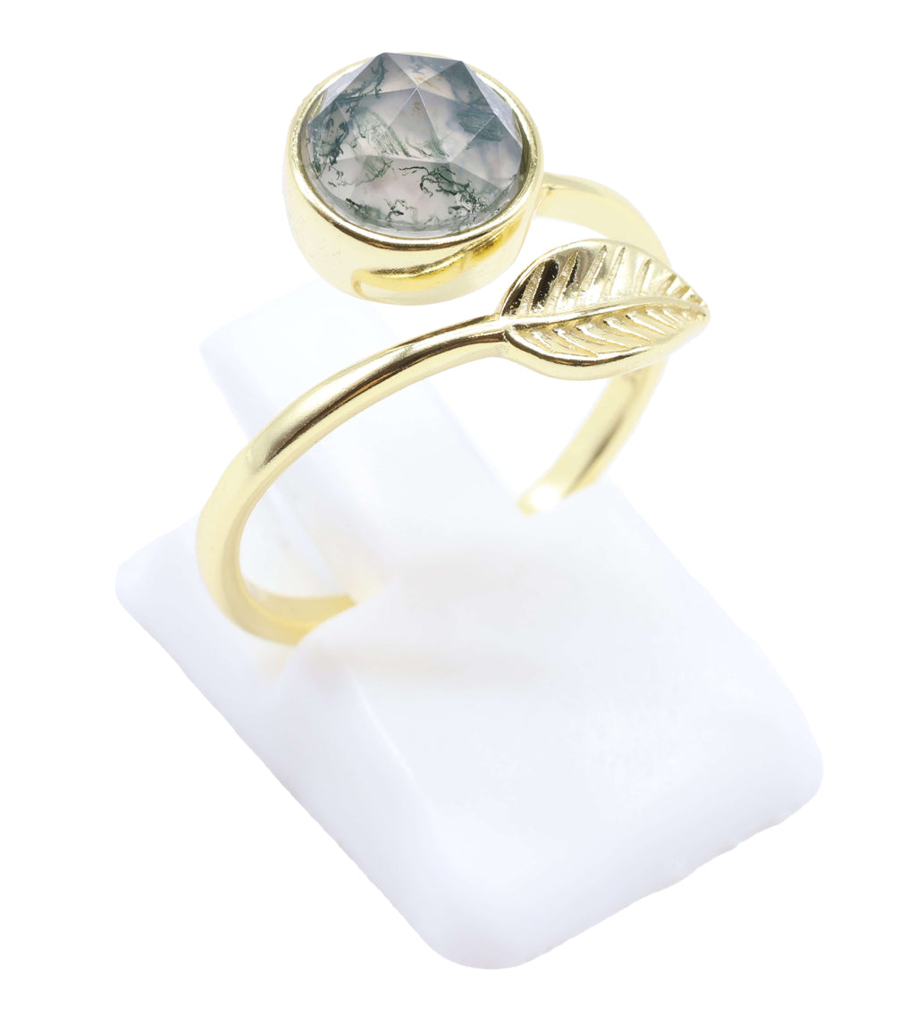 Bague Argent 925 'Feuille d'Or' - Agate Mousse - Plaquage Or - Taille Réglable