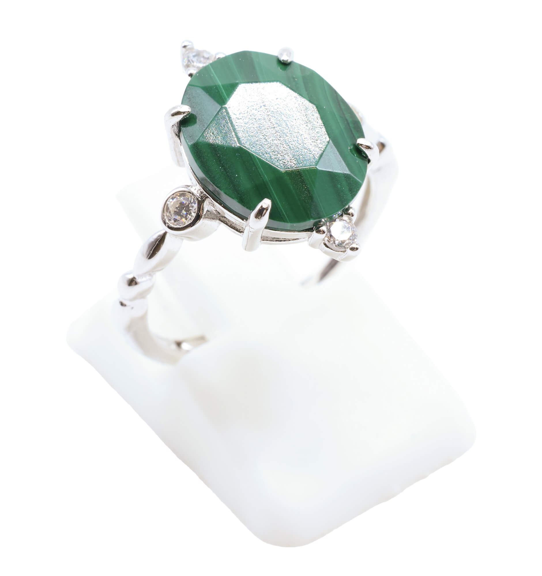 Bague Argent 925 Malachite Ovale Impérial - Plaqué Platine - Taille Réglable