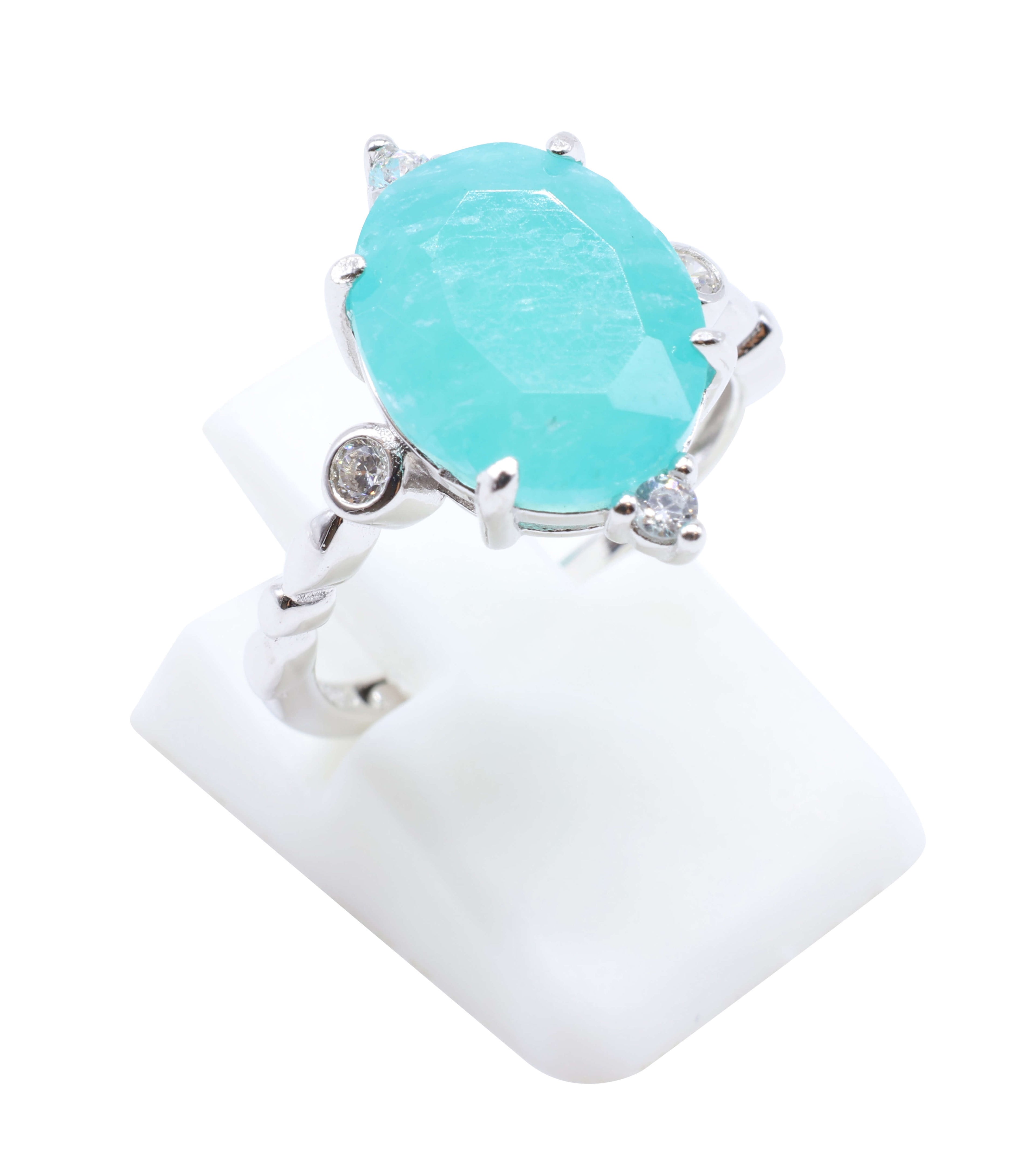Bague Argent 925 Amazonite Ovale Impérial - Plaqué Platine - Taille Réglable
