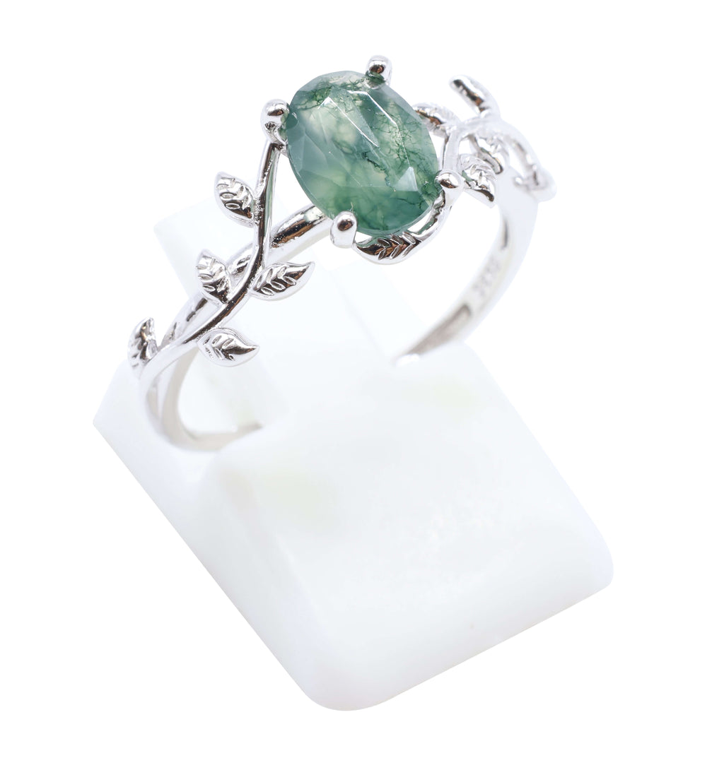 Bague Argent 925 'Murmure de Laurier' - Agate Mousse - Plaqué Platine - Taille Réglable