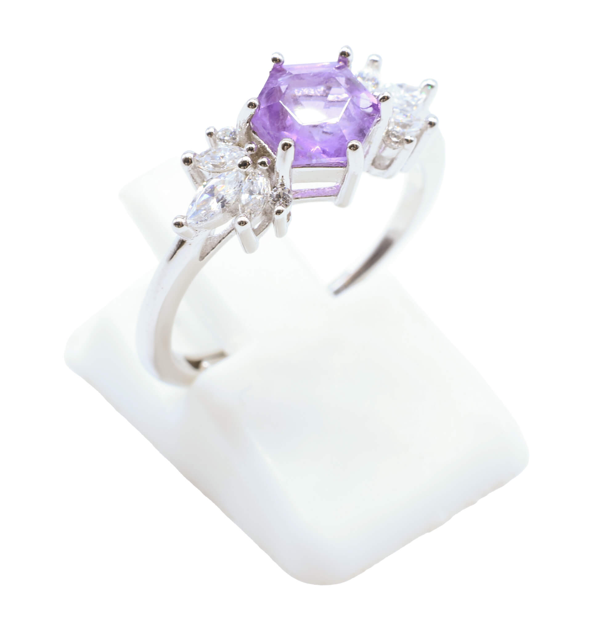 Bague Argent 925 'Flocon d'Argent' - Améthyste - Plaqué Platine - Taille Réglable