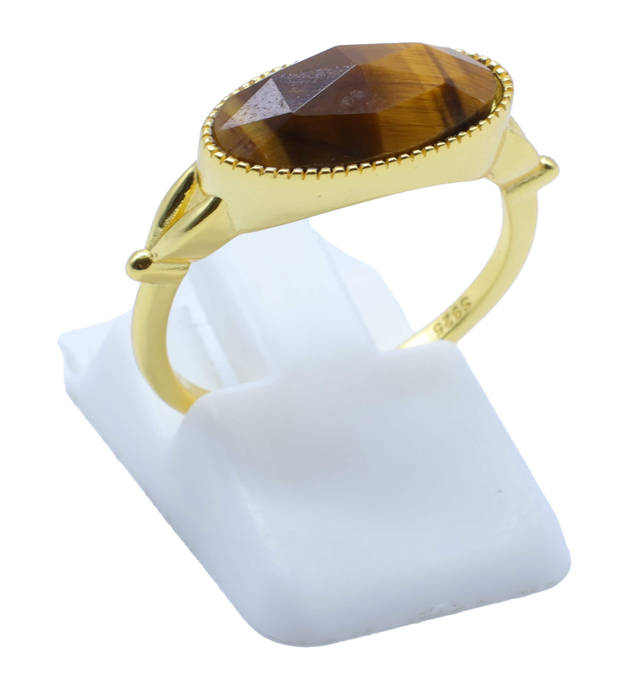 Bague Argent 925 Oeil de Tigre Ovale - Plaquage Or - Taille Universelle