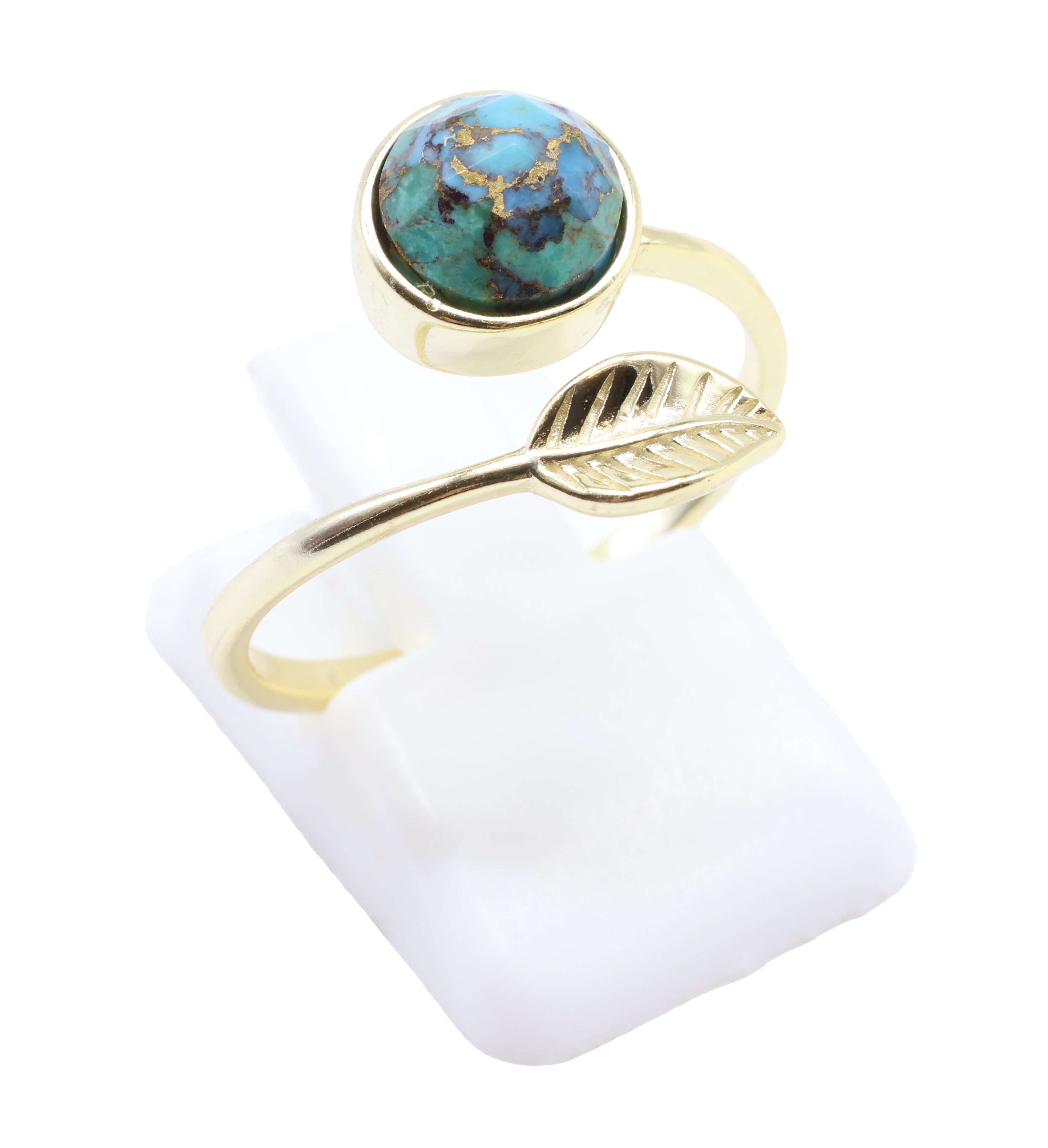 Bague Argent 925 'Feuille d'Or' - Turquoise - Plaquage Or - Taille Réglable