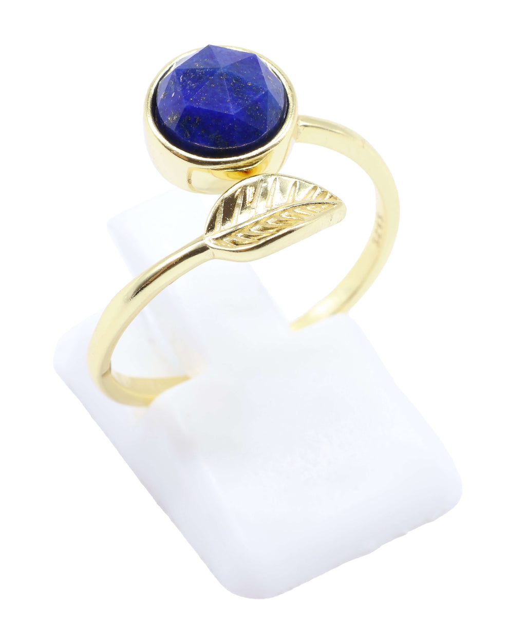 Bague Argent 925 'Feuille d'Or' - Lapis Lazuli - Plaquage Or - Taille Réglable