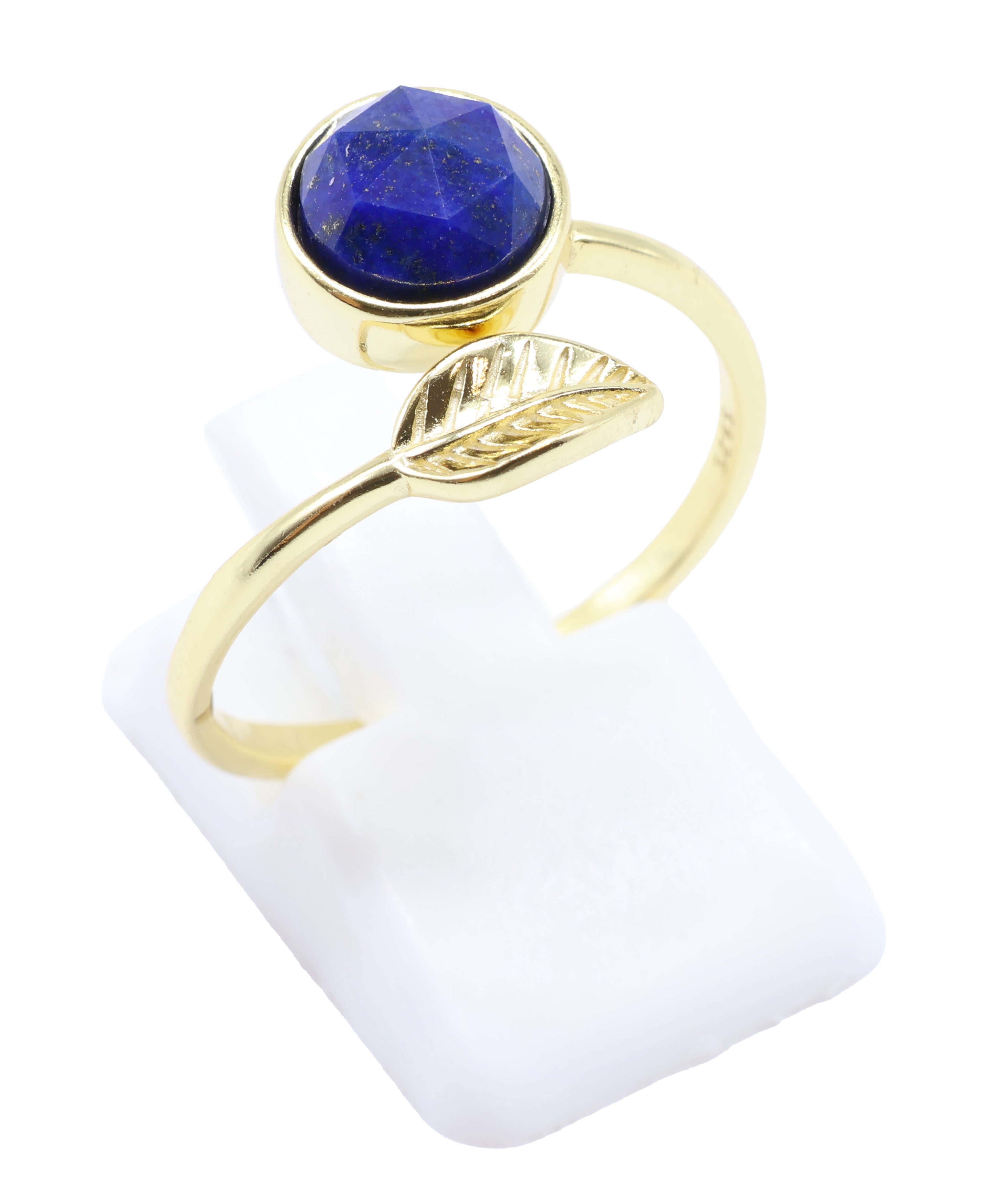 Bague Argent 925 'Feuille d'Or' - Lapis Lazuli - Plaquage Or - Taille Réglable