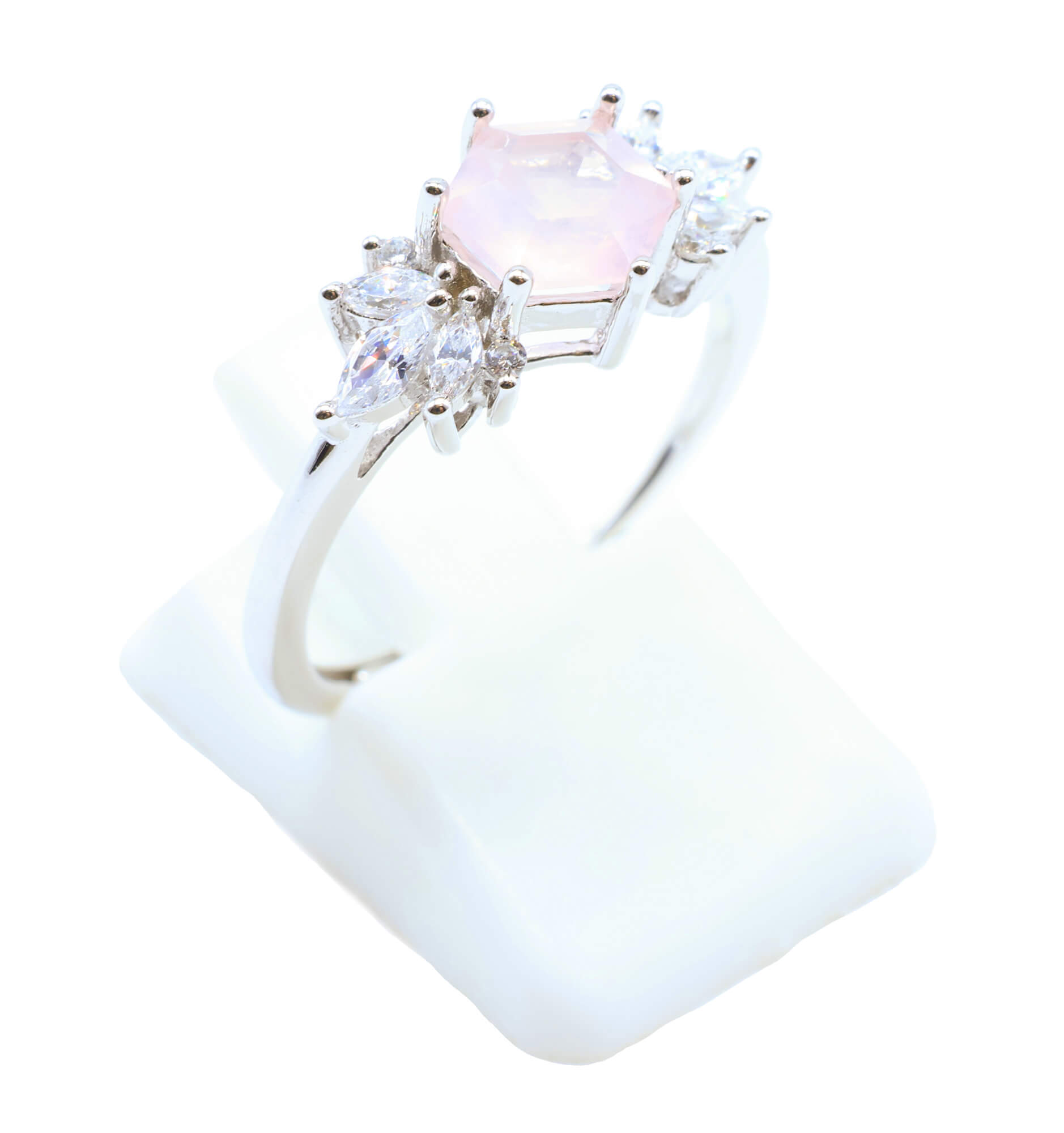 Bague Argent 925 'Flocon d'Argent' - Quartz Rose - Plaqué Platine - Taille Réglable