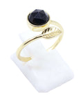Bague Argent 925 'Feuille d'Or' - Onyx - Plaquage Or - Taille Réglable