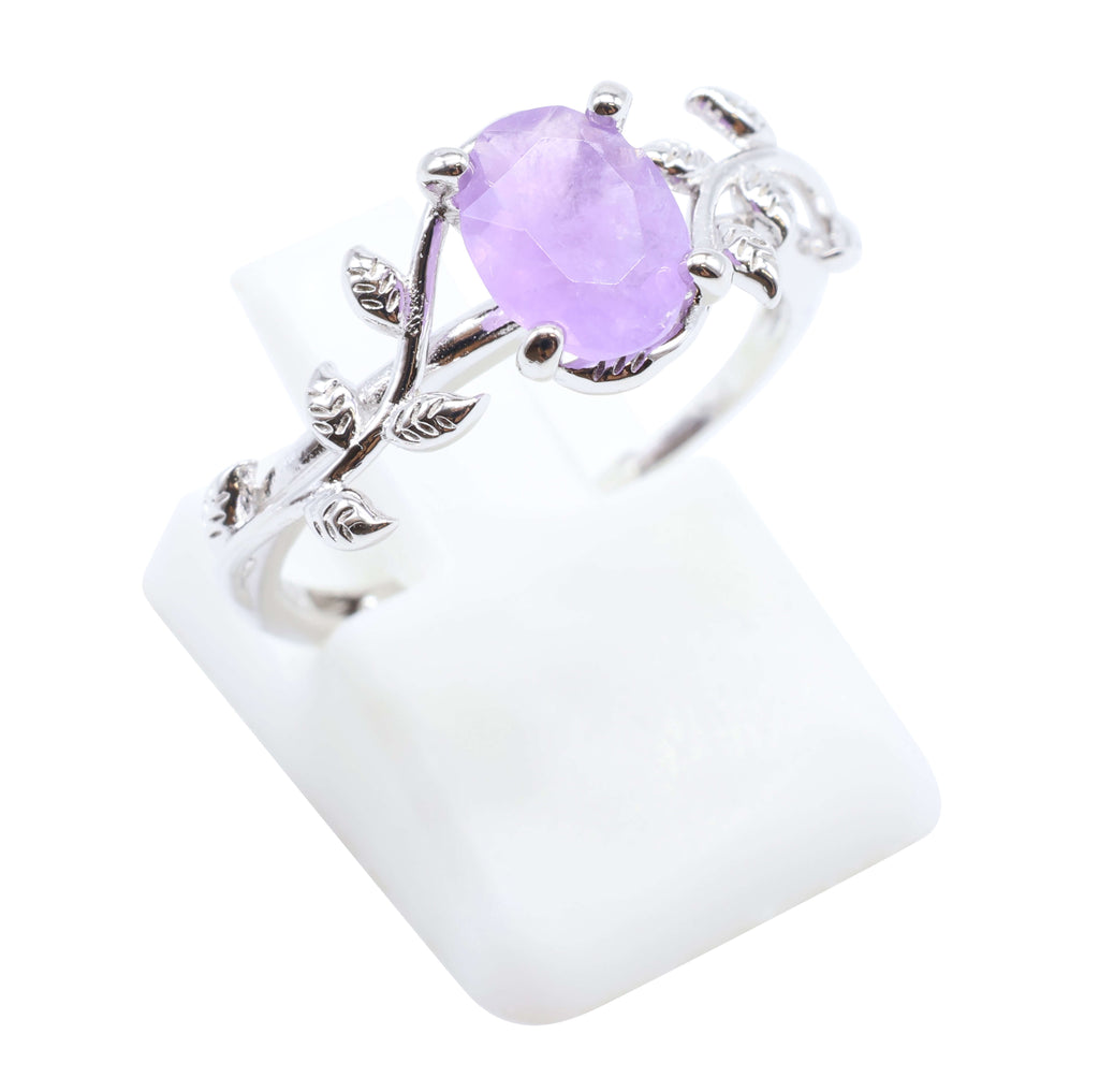 Bague Argent 925 'Murmure de Laurier' - Améthyste - Plaqué Platine - Taille Réglable
