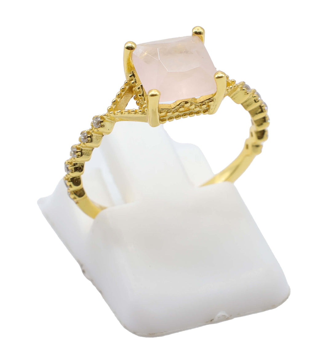 Bague Argent 925 Quartz Rose Carrée - Plaquage Or - Taille Universelle