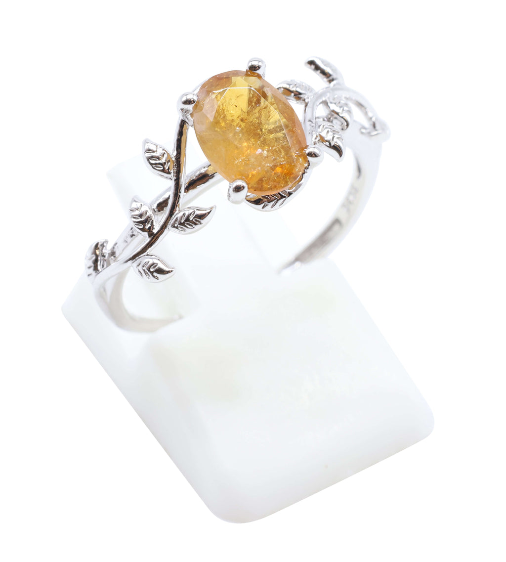 Bague Argent 925 'Murmure de Laurier' - Citrine - Plaqué Platine - Taille Réglable
