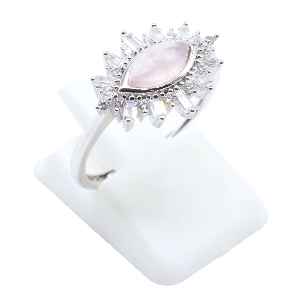 Bague Argent 925 'Oeil Solaire' - Quartz Rose - Plaqué Platine - Taille Réglable