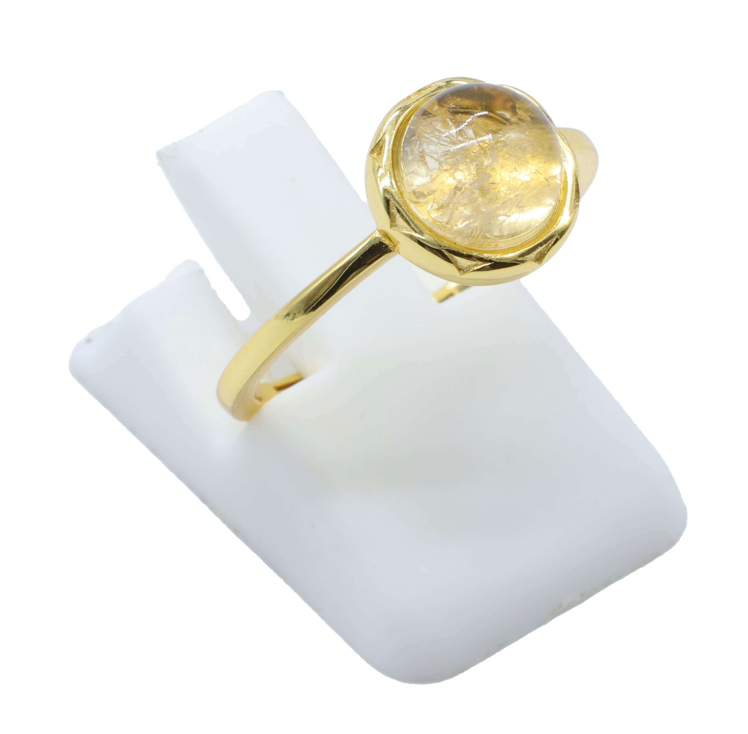 Bague Argent 925 Citrine Ronde - Plaquage Or - Taille Universelle