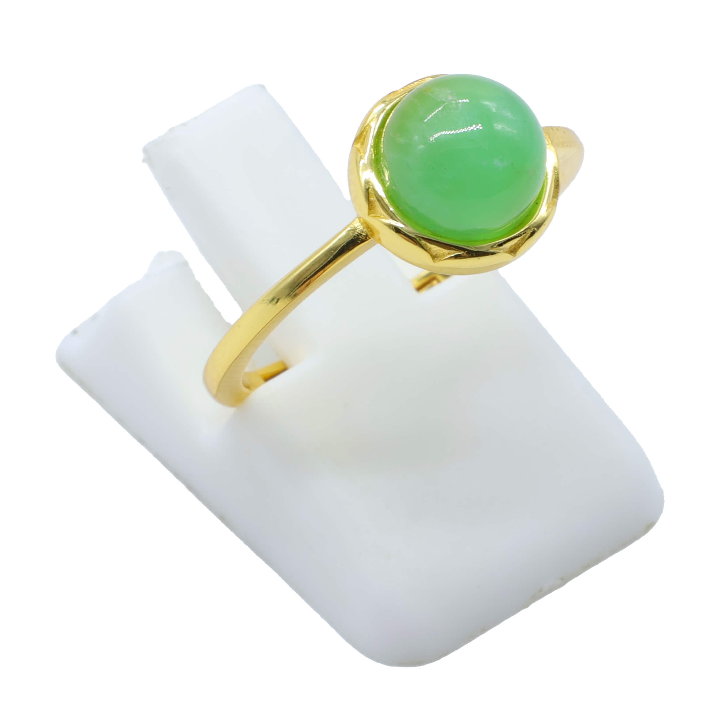 Bague Argent 925 Jade Verte Ronde - Plaquage Or - Taille Universelle