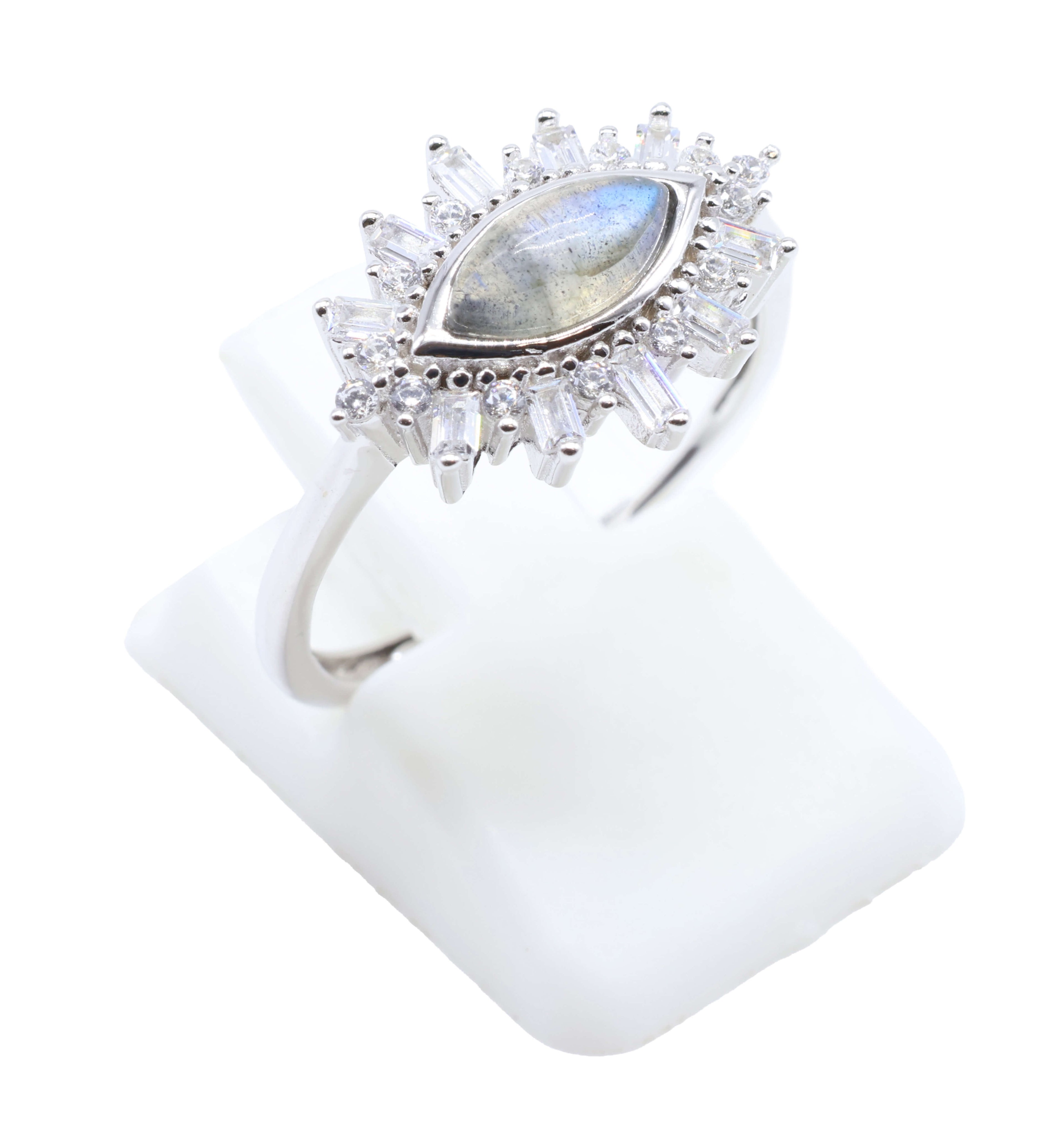 Bague Argent 925 'Oeil Solaire' - Labradorite - Plaqué Platine - Taille Réglable