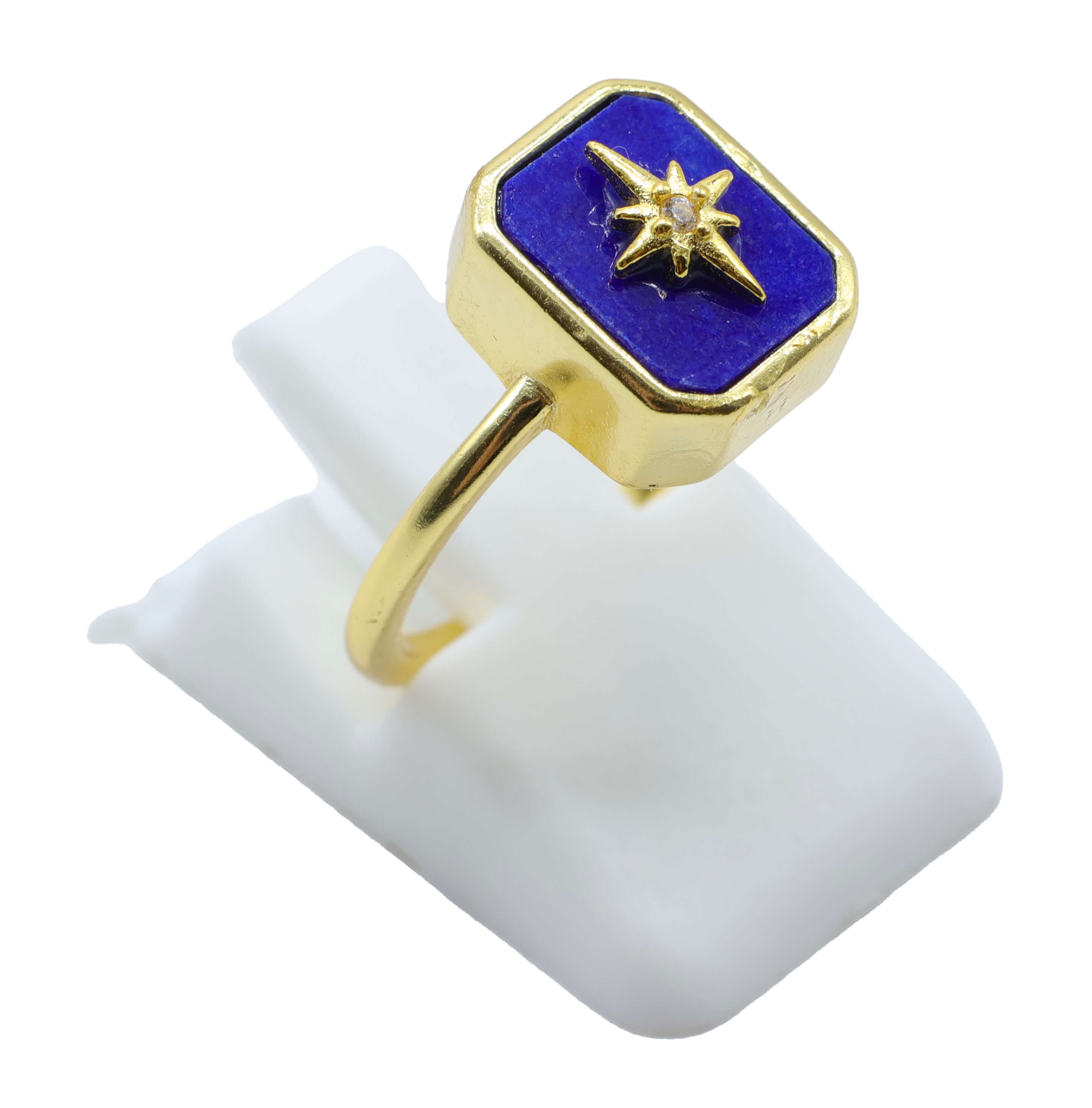Bague Argent 925 Lapis Lazuli Rectangle + Charme - Plaquage Or - Taille Universelle