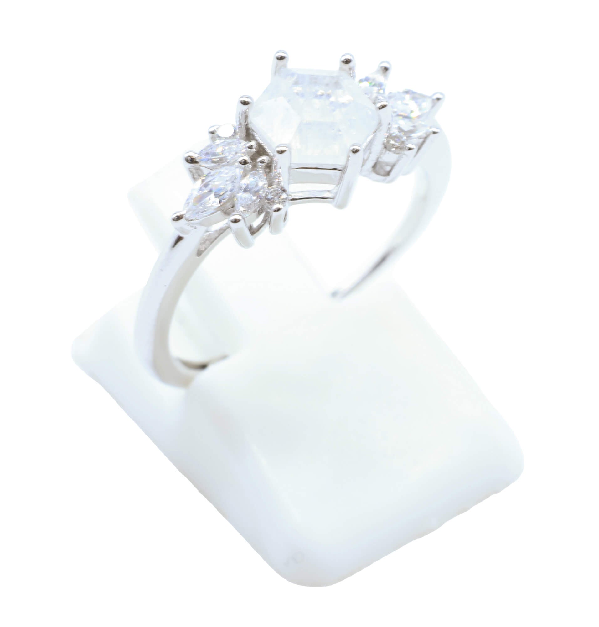 Bague Argent 925 'Flocon d'Argent' - Pierre de Lune - Plaqué Platine - Taille Réglable