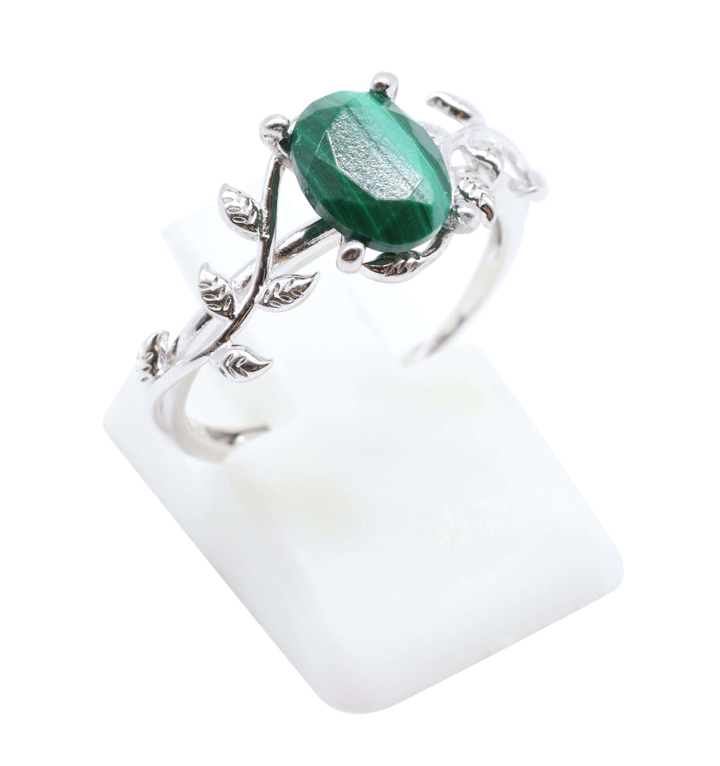 Bague Argent 925 'Murmure de Laurier' - Malachite - Plaqué Platine - Taille Réglable