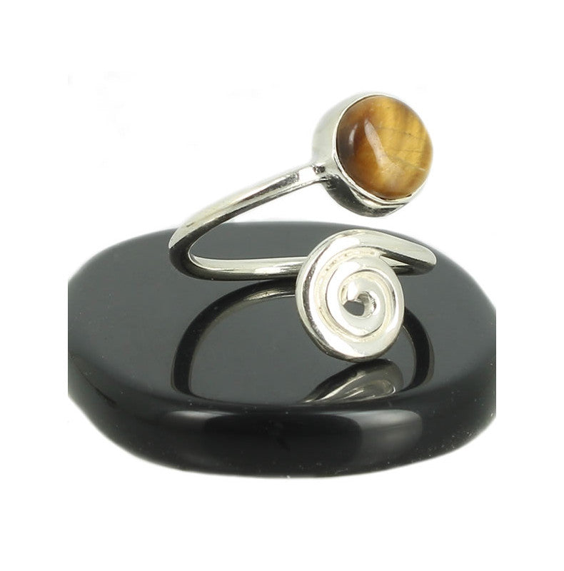 Oeil de Tigre Bague Spirale en Argent pierre cabochon rond 8mm - Bijou de créateur