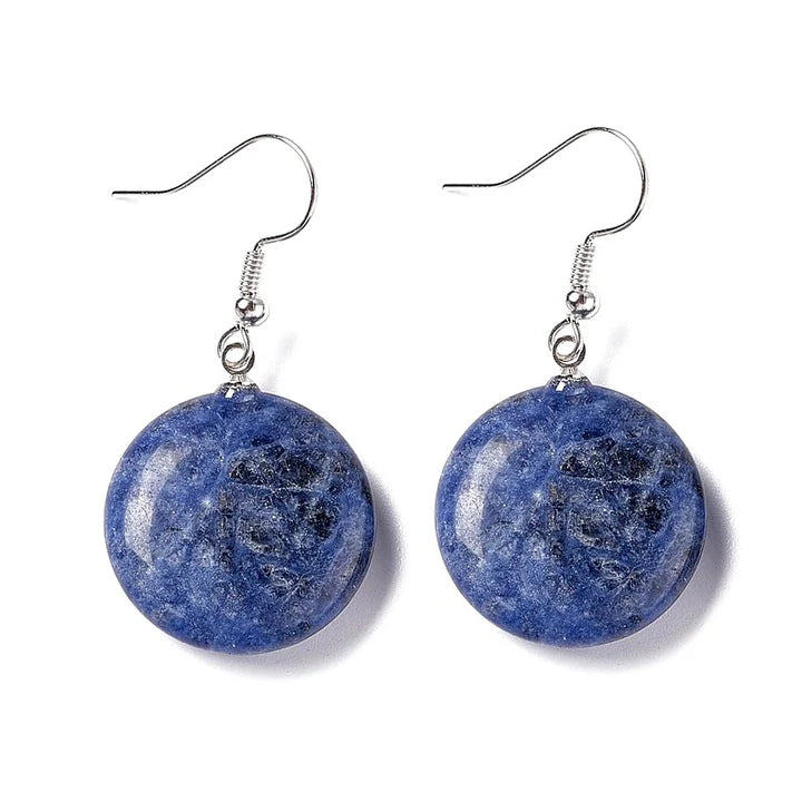 Boucles d'oreilles pendantes acier inoxydable pierres naturelles rondes sodalite