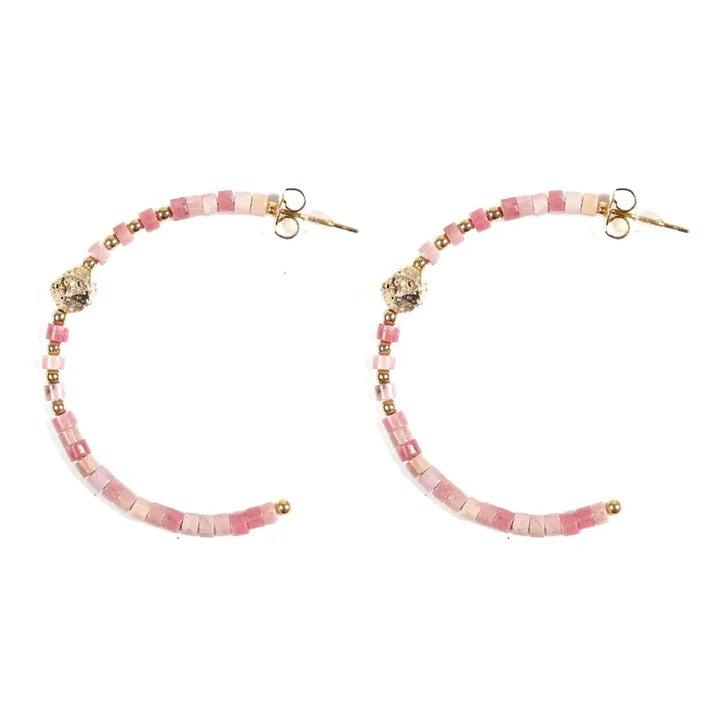 Boucles d'oreilles pendantes demi Créoles acier inoxydable pierres naturelles rhodonite