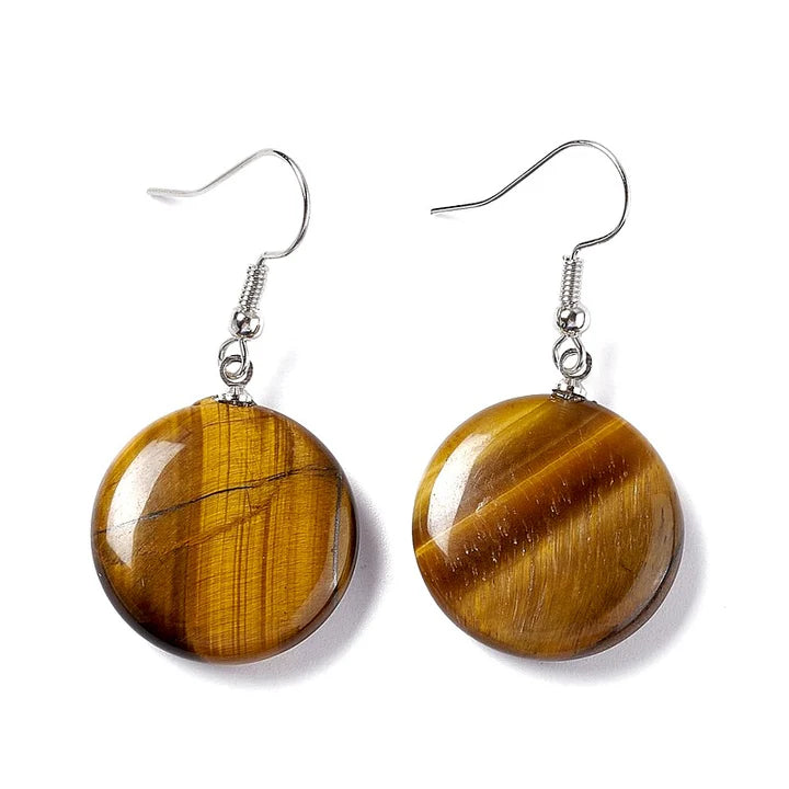 Boucles d'oreilles pendantes acier inoxydable pierres naturelles rondes œil de tigre