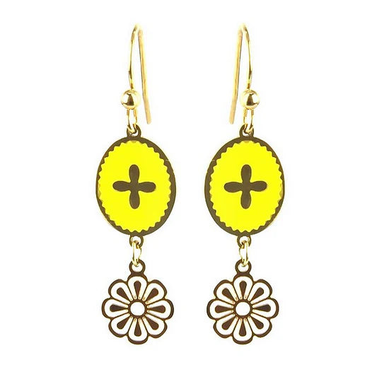 Boucles d'oreilles acier inoxydable tombante émail jaune avec chaînette