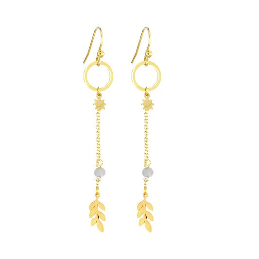 Boucles d'oreilles pour femme pendante acier étoile et feuille gemme gris