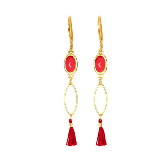 Boucles d'oreilles pour femme pierre naturelle pompon et gemme rouge