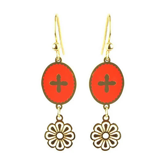 Boucles d'oreilles acier inoxydable tombante émail orange avec chaînette