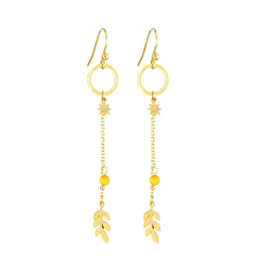Boucles d'oreilles pour femme pendante acier étoile et feuille gemme orangé