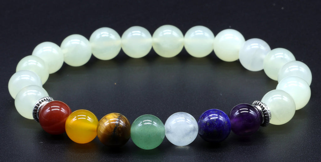 Bracelet Jade Verte & 7 Chakras perles 8mm