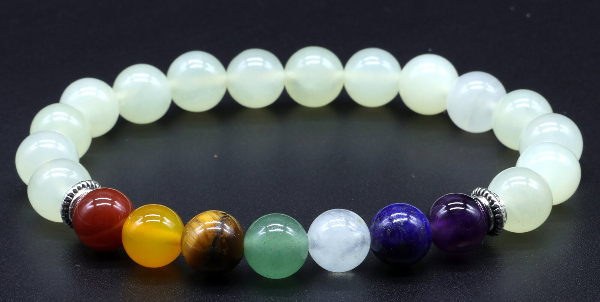 Bracelet Jade Verte & 7 Chakras perles 8mm