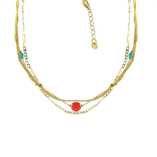 Collier femme multi rangs chaîne acier or gemme rouge et turquoise