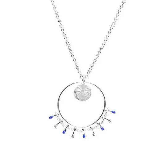 Collier acier inoxydable argenté breloques cercles pendants bleu