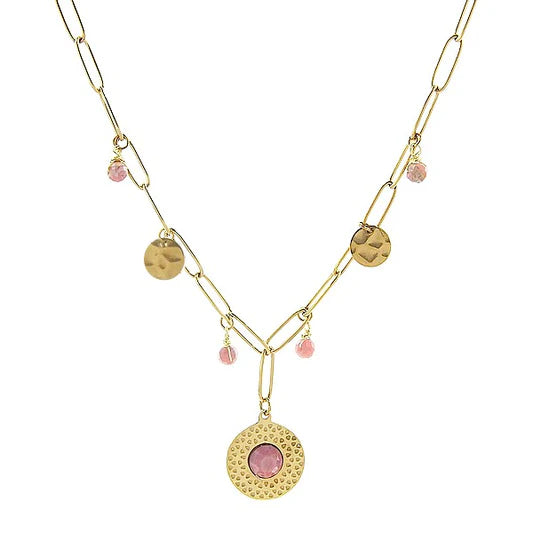 Collier pour femme - acier pierre naturelle - pendentif et breloques - Rhodonite