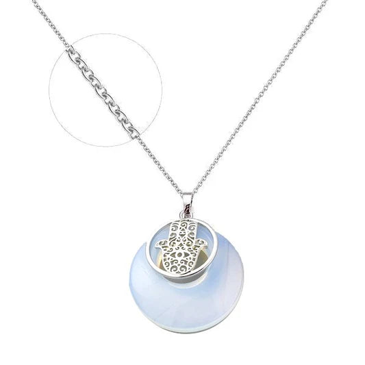 Collier femme chaîne et pendentif main de Fatma pierre naturelle Opaline