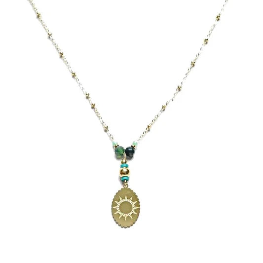 Collier pour femme - pendentif soleil - acier pierre naturelle - Turquoise d'Afrique