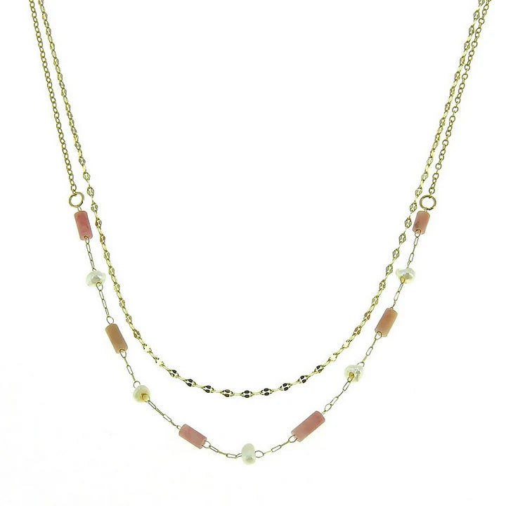 Collier acier inoxydable breloques pierre naturelle rhodonite et nacre