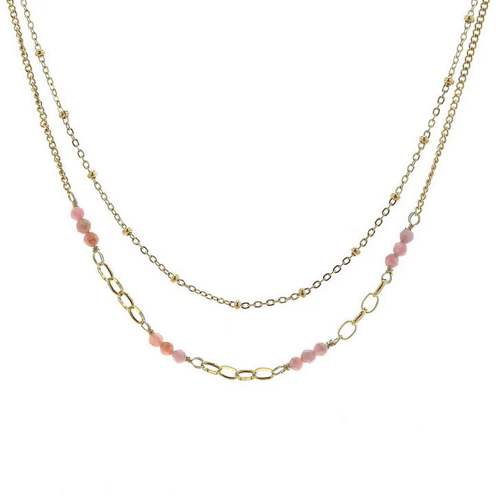 Collier acier inoxydable double rangs pierre naturelle rhodonite